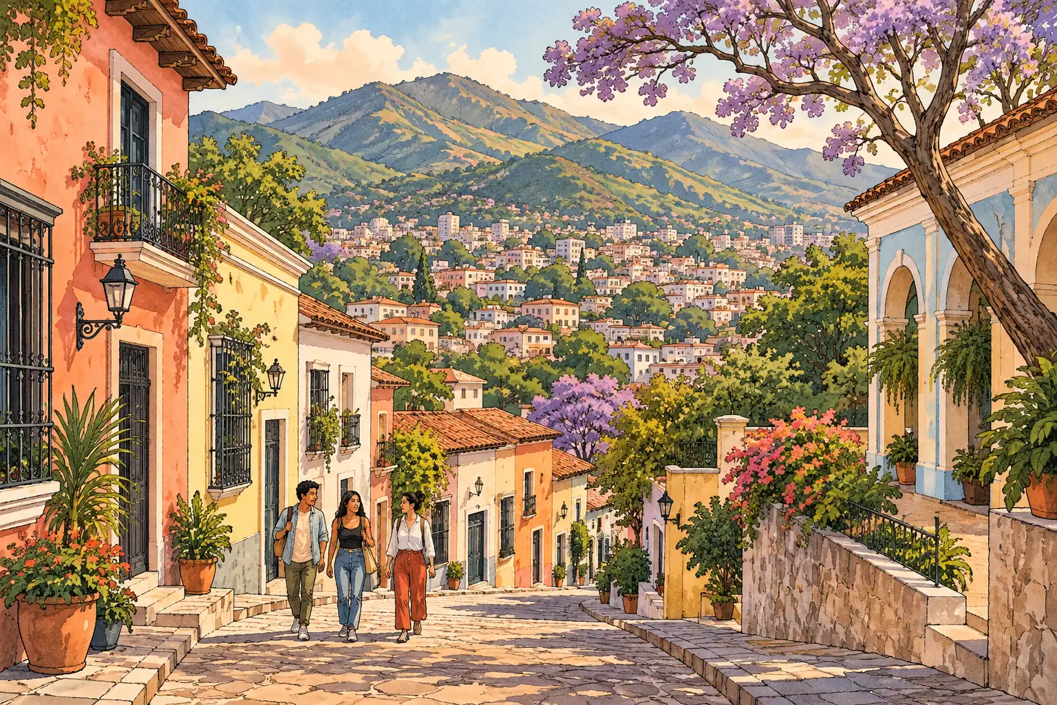A hand-drawn Tegucigalpa hillside street with pastel stucco buildings, green mountains and young adults walking together.
