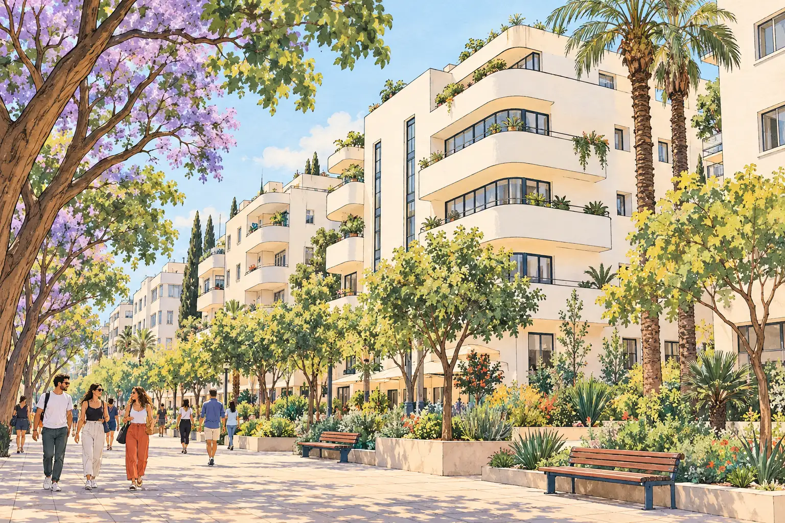 A hand-drawn view of the White City’s Bauhaus-inspired buildings along Rothschild Boulevard.