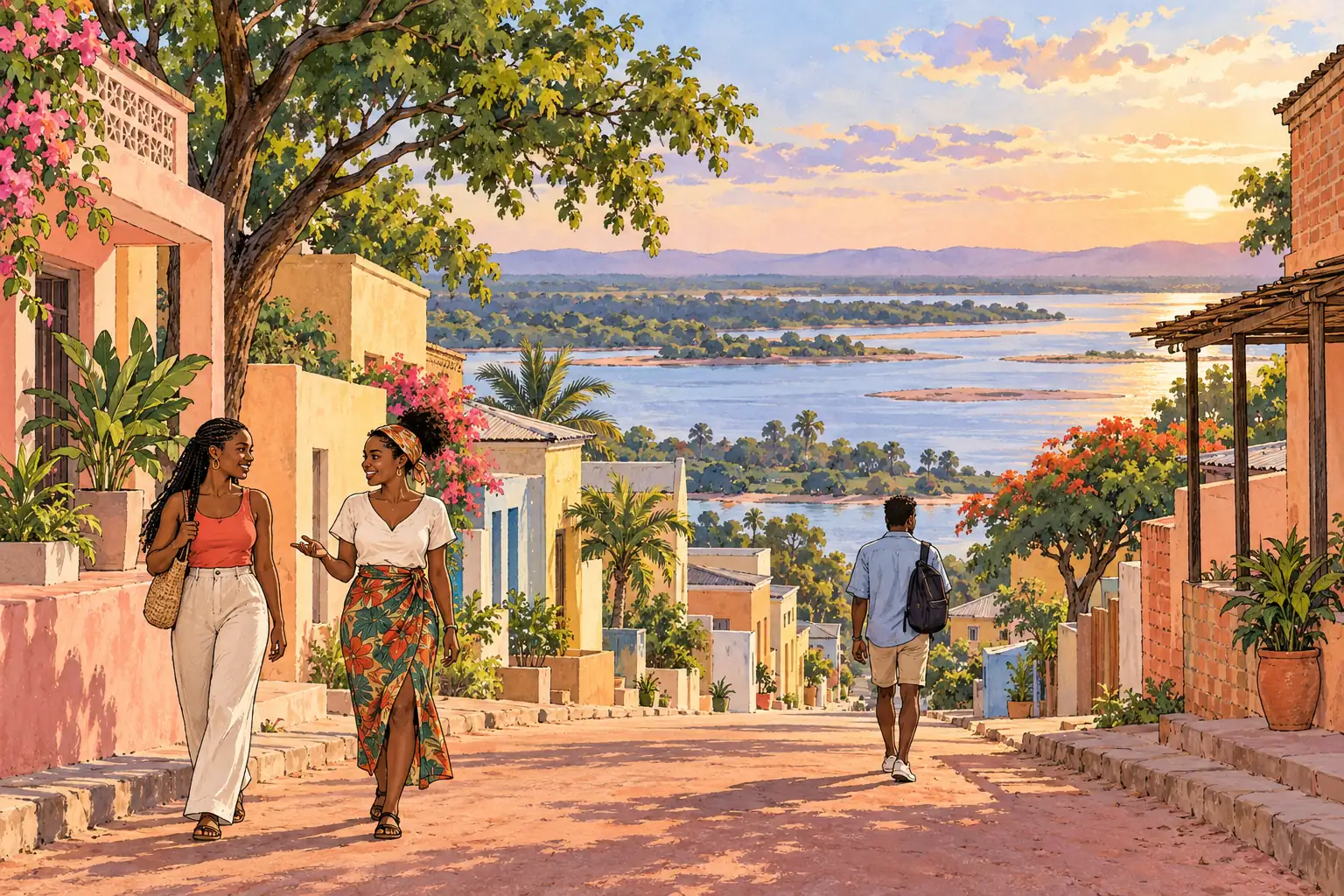 A hand-drawn view of Tete, with local streets, greenery and young adults together.