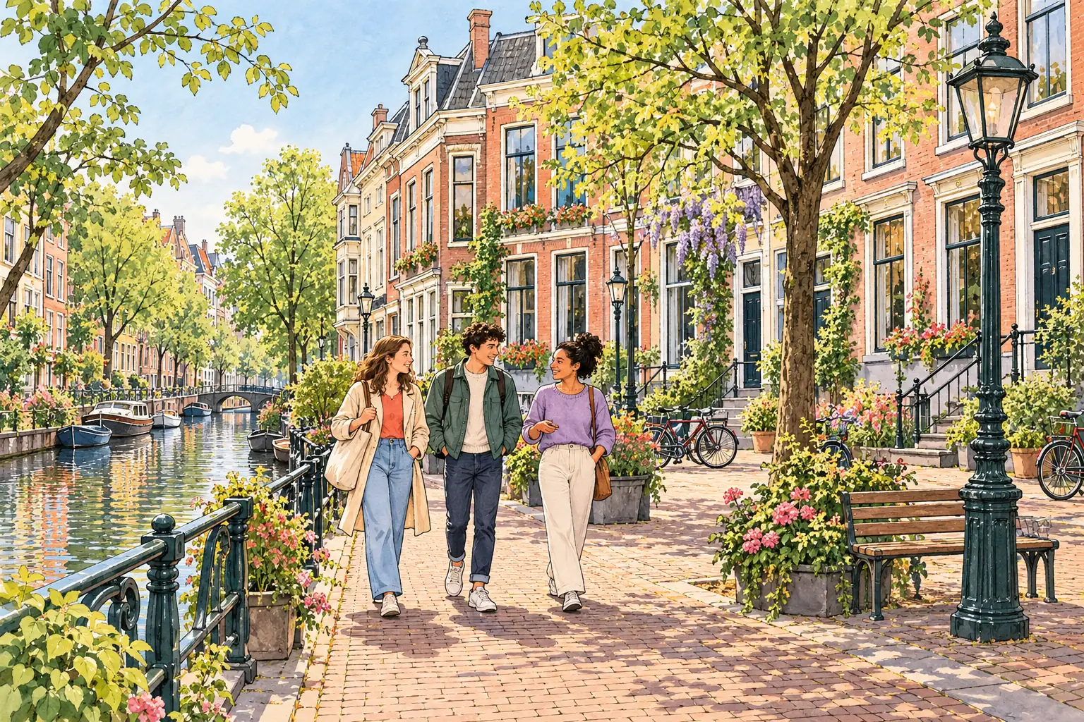A hand-drawn view of The Hague, with local streets, greenery and young adults together.