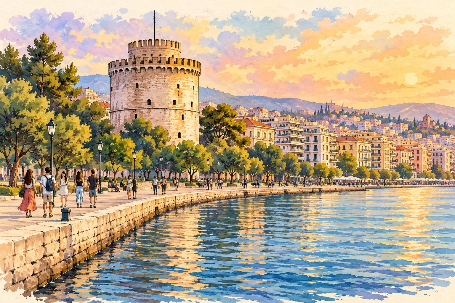 A hand-drawn view of Thessaloniki’s White Tower beside the Thermaic Gulf, with young adults walking along the waterfront.