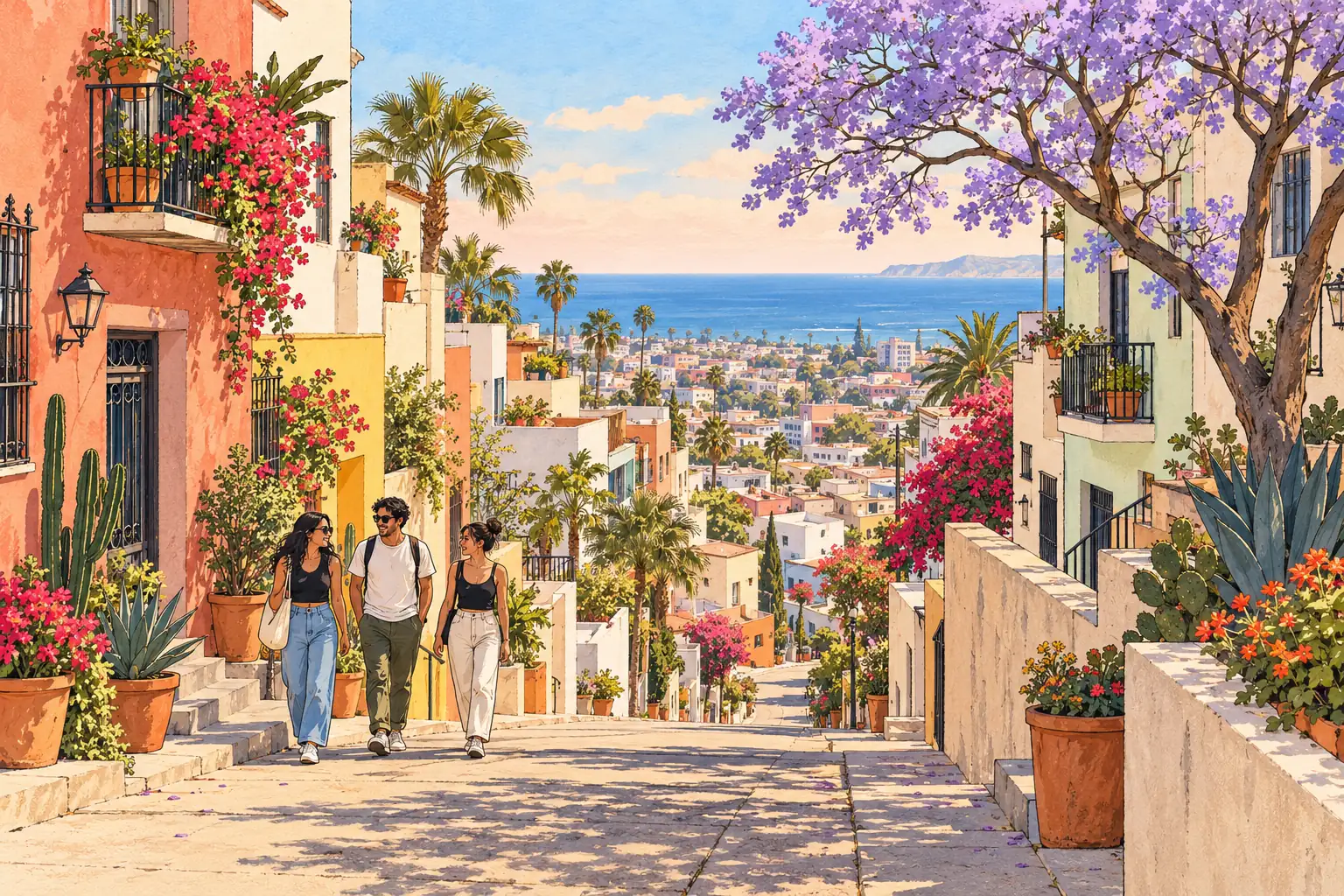 A hand-drawn Tijuana hillside street with pastel stucco buildings, flowering trees, a Pacific view and young adults walking together.