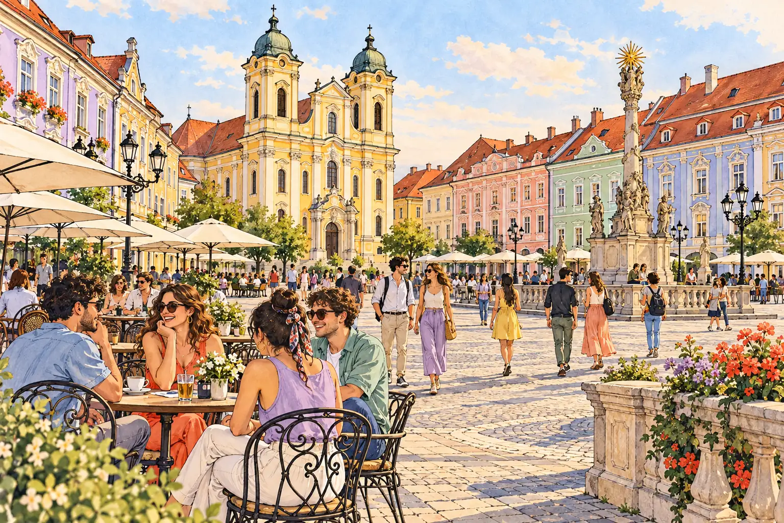 A hand-drawn view of Timișoara’s colorful Unirii Square, with Baroque facades and young adults meeting outdoors.