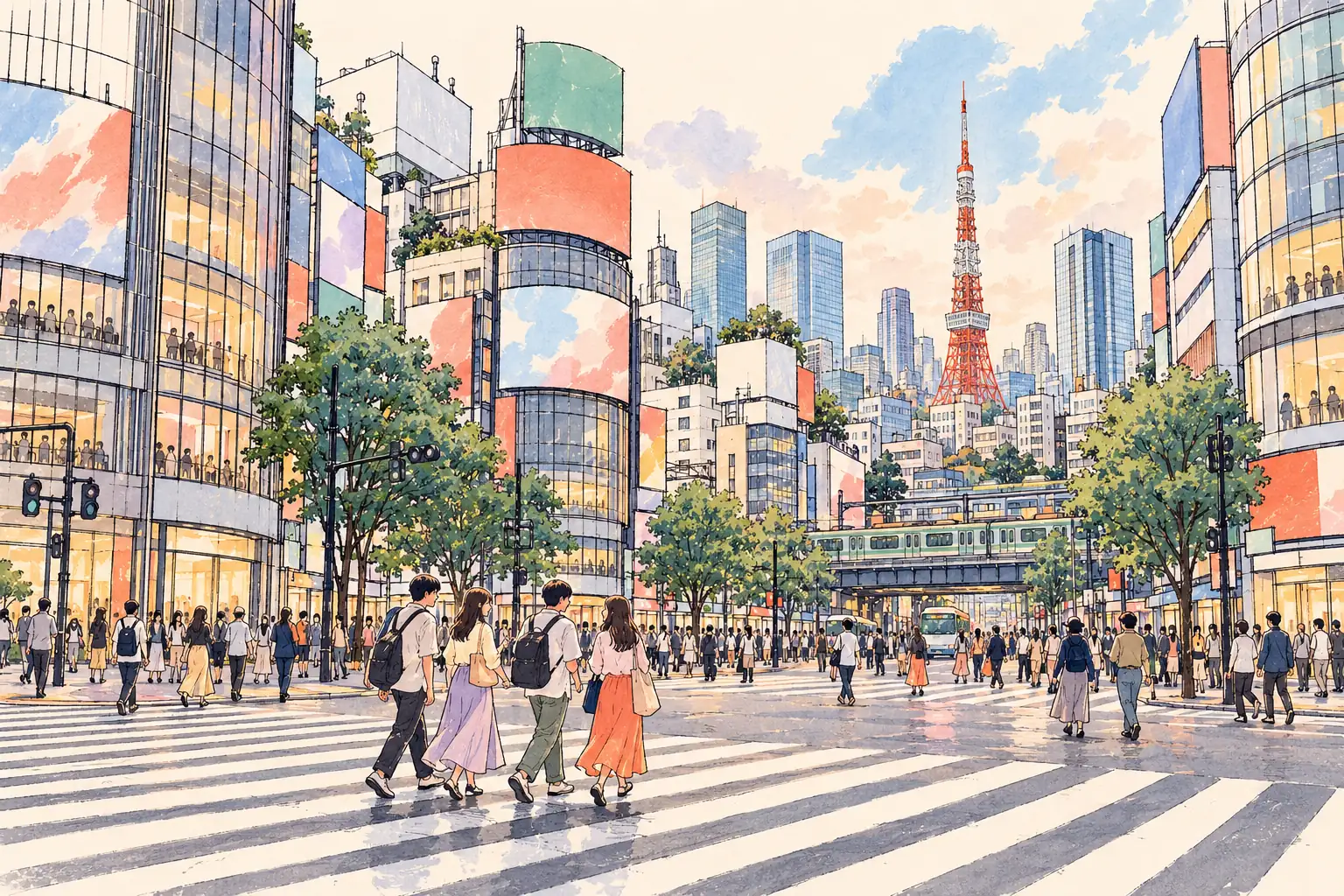 A hand-drawn view of Tokyo, with local streets, greenery and young adults together.