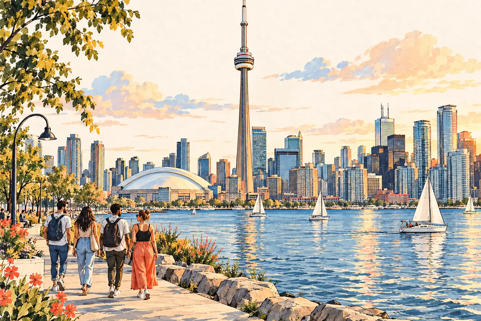 A hand-drawn Toronto skyline with the CN Tower above Lake Ontario and young adults on the waterfront.