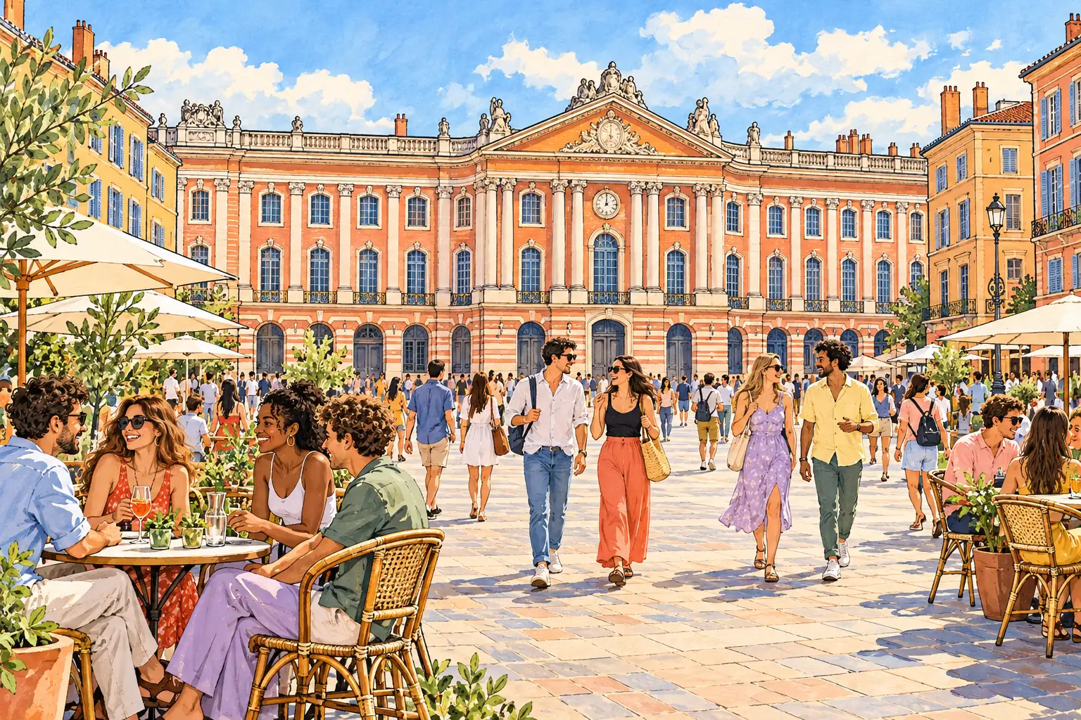 A hand-drawn view of Place du Capitole in Toulouse, with its pink-brick façade and young adults gathering outdoors.