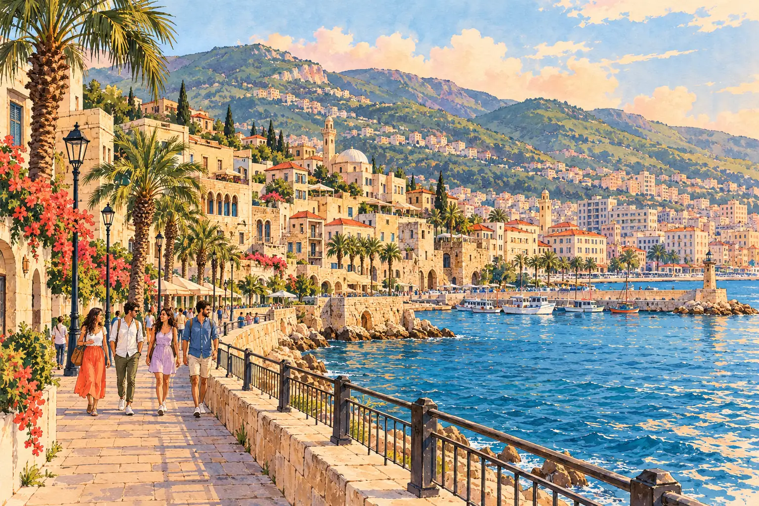 A hand-drawn generic view of Tripoli, Lebanon, with young adults walking along a Mediterranean waterfront beneath green hills.