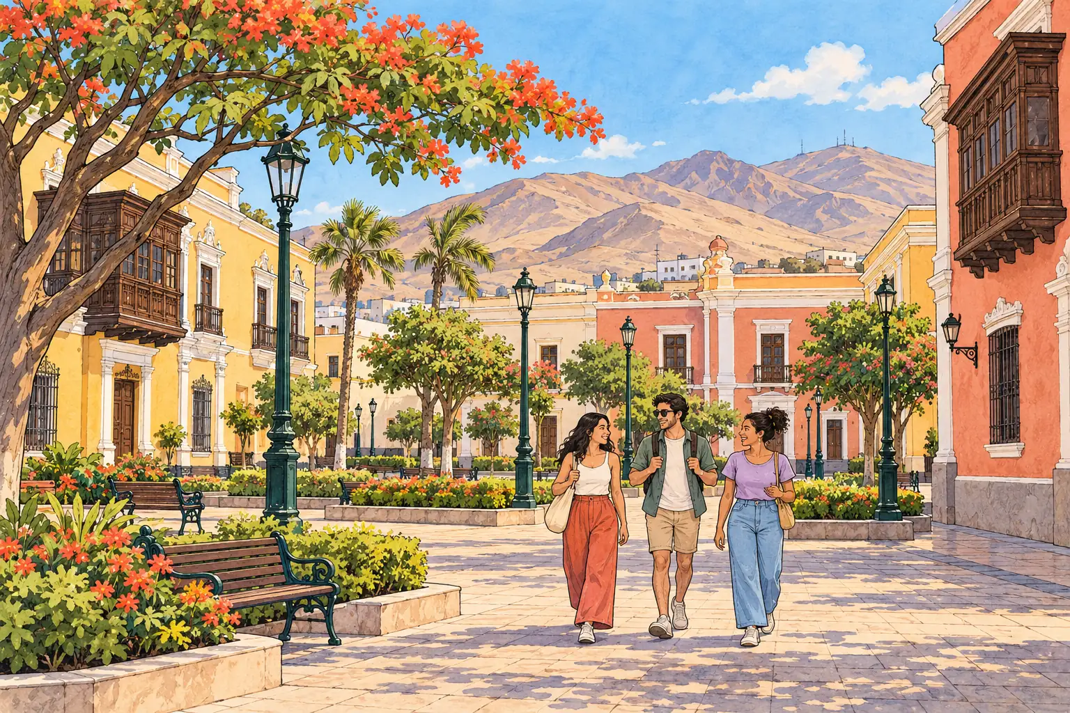 A hand-drawn view of Trujillo, with local streets, greenery and young adults together.