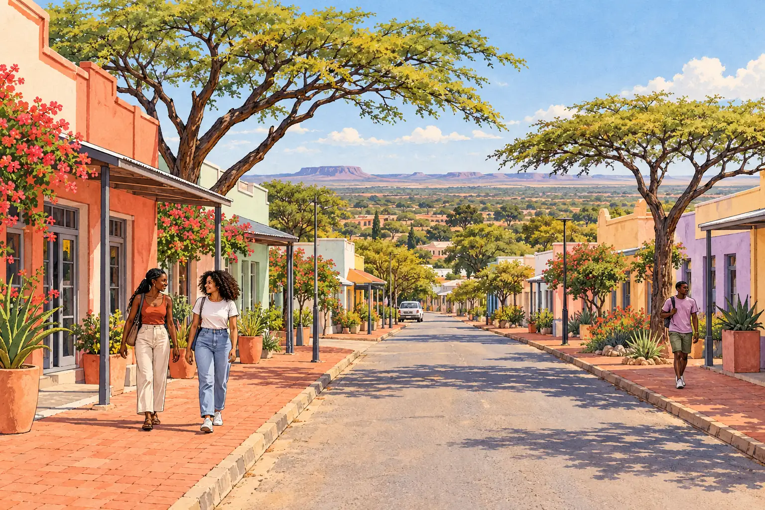A hand-drawn view of Tsumeb, with local streets, greenery and young adults together.
