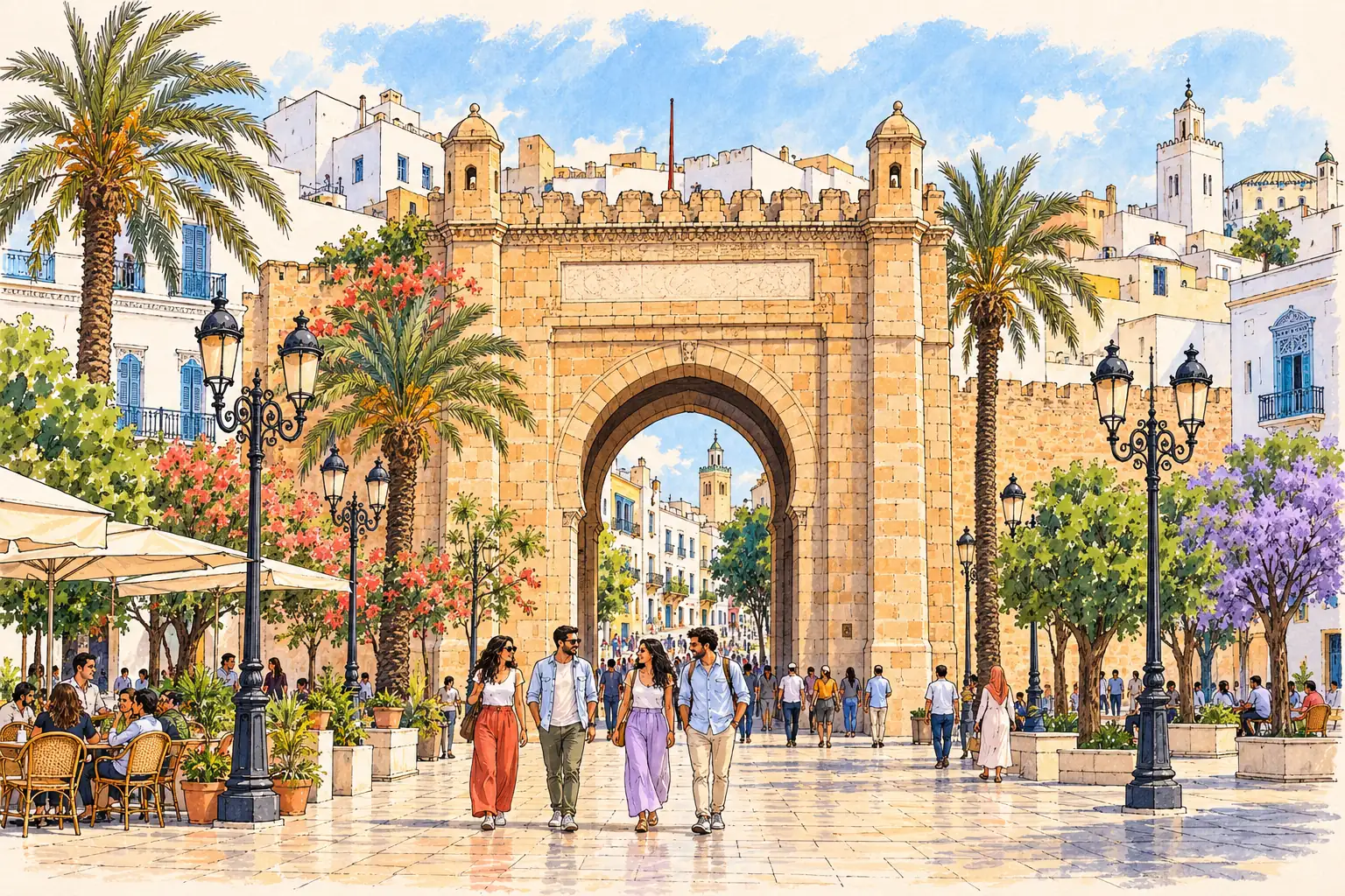 A hand-drawn view of Tunis’s Bab el Bhar gate, with young adults walking among the old Medina façades.