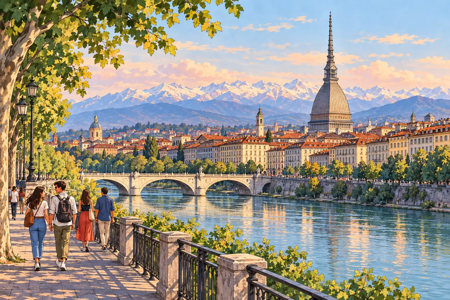 A hand-drawn view of Turin’s Mole Antonelliana above the Po River and distant Alps.