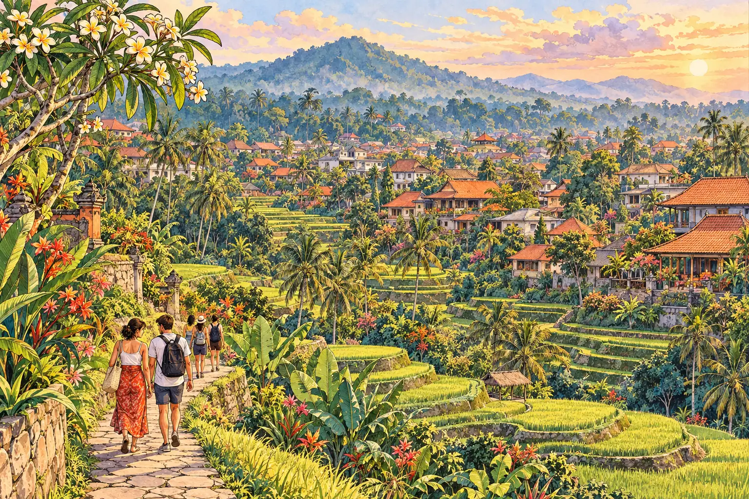 A hand-drawn generic view of Ubud, with young adults walking beside green rice terraces and tropical town rooftops.
