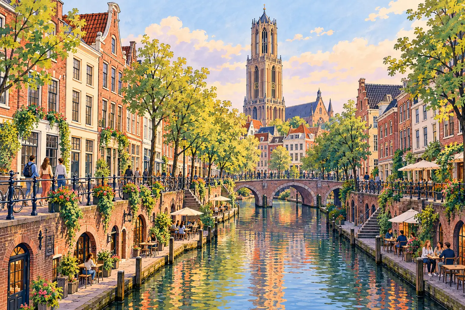 A hand-drawn view of Utrecht’s Oudegracht canal and Dom Tower.
