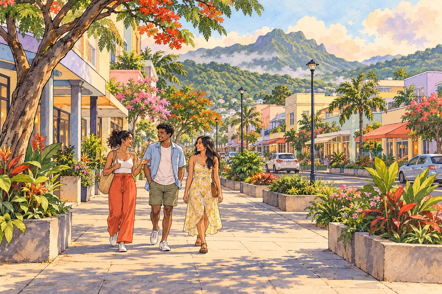 A hand-drawn view of Vacoas, with local streets, greenery and young adults together.