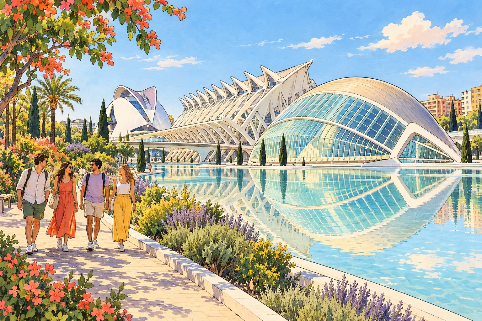 A hand-drawn view of Valencia’s City of Arts and Sciences beside the Turia Gardens, with young adults strolling nearby.