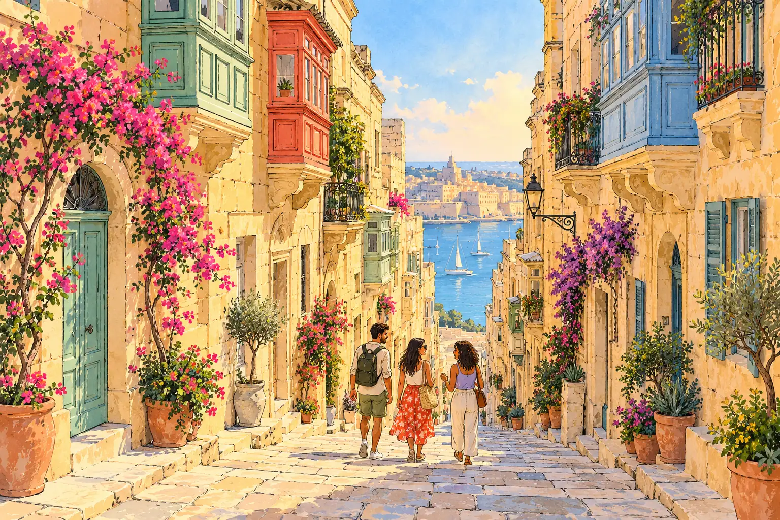 A hand-drawn Valletta lane with honey-colored limestone facades, colorful wooden balconies and young adults walking toward the harbor.