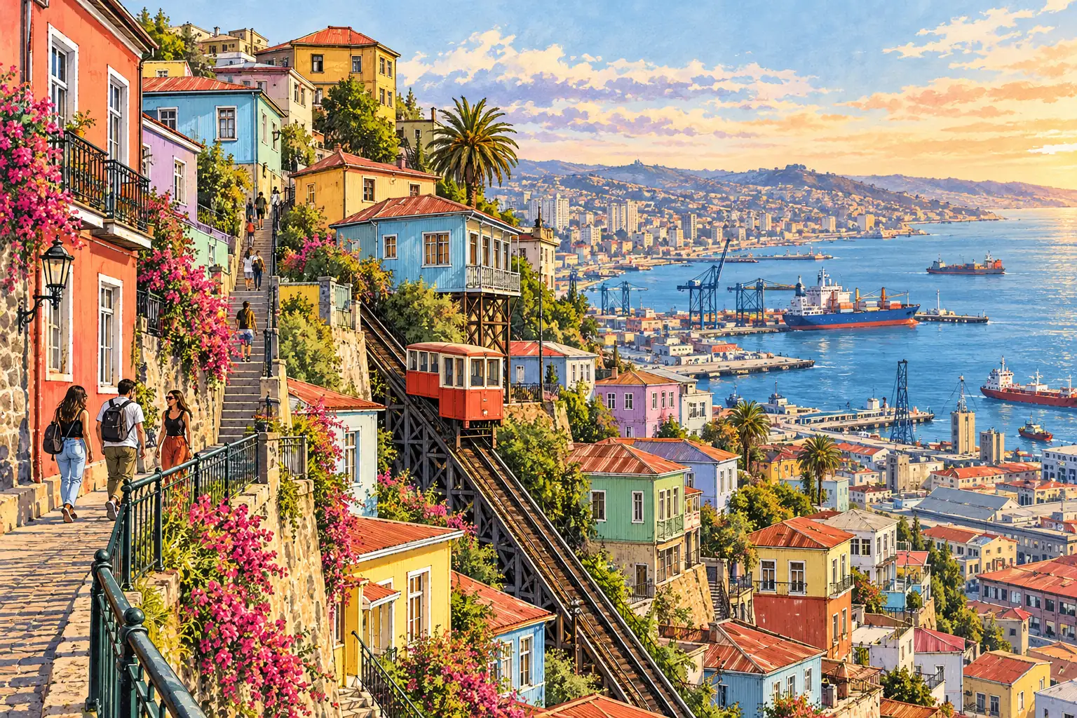 A hand-drawn view of Valparaíso’s colorful hillside houses, stairways, funicular and Pacific harbor, with young adults walking along the hill.