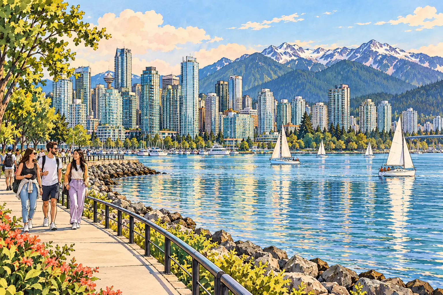 A hand-drawn Vancouver seawall with sailboats, glass towers and the North Shore mountains.