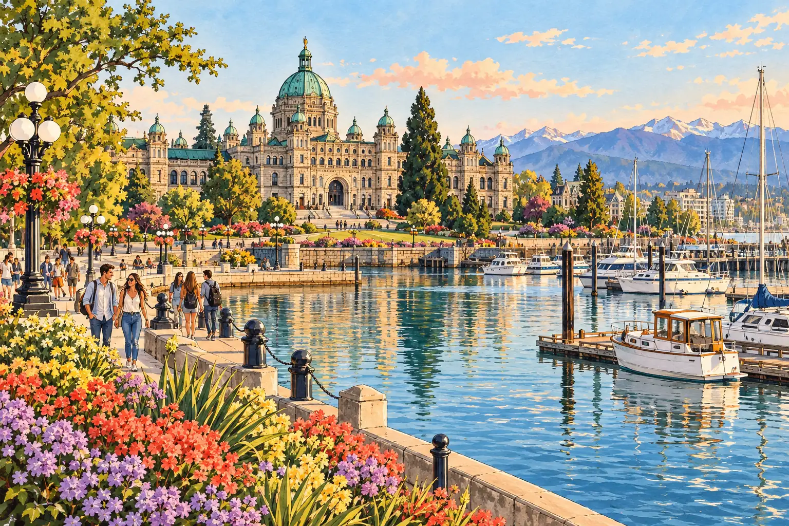 A hand-drawn view of Victoria’s Inner Harbour, with the Parliament Buildings, mountains and young adults walking along the waterfront.