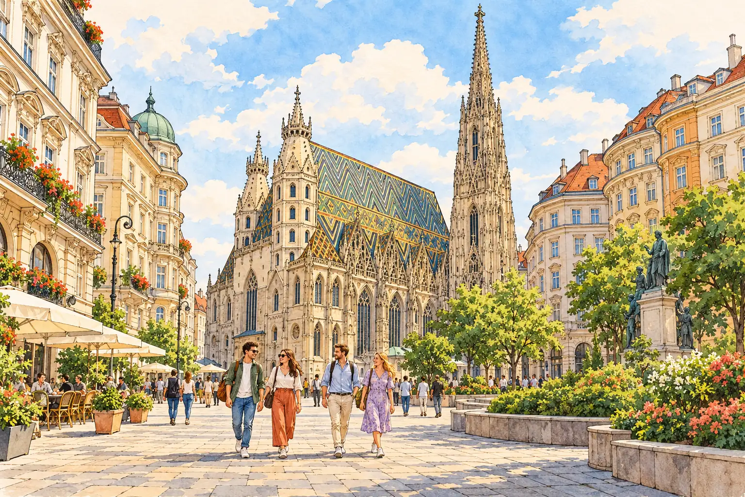 A hand-drawn Vienna scene with St. Stephen’s tiled roof and Gothic tower in the square.