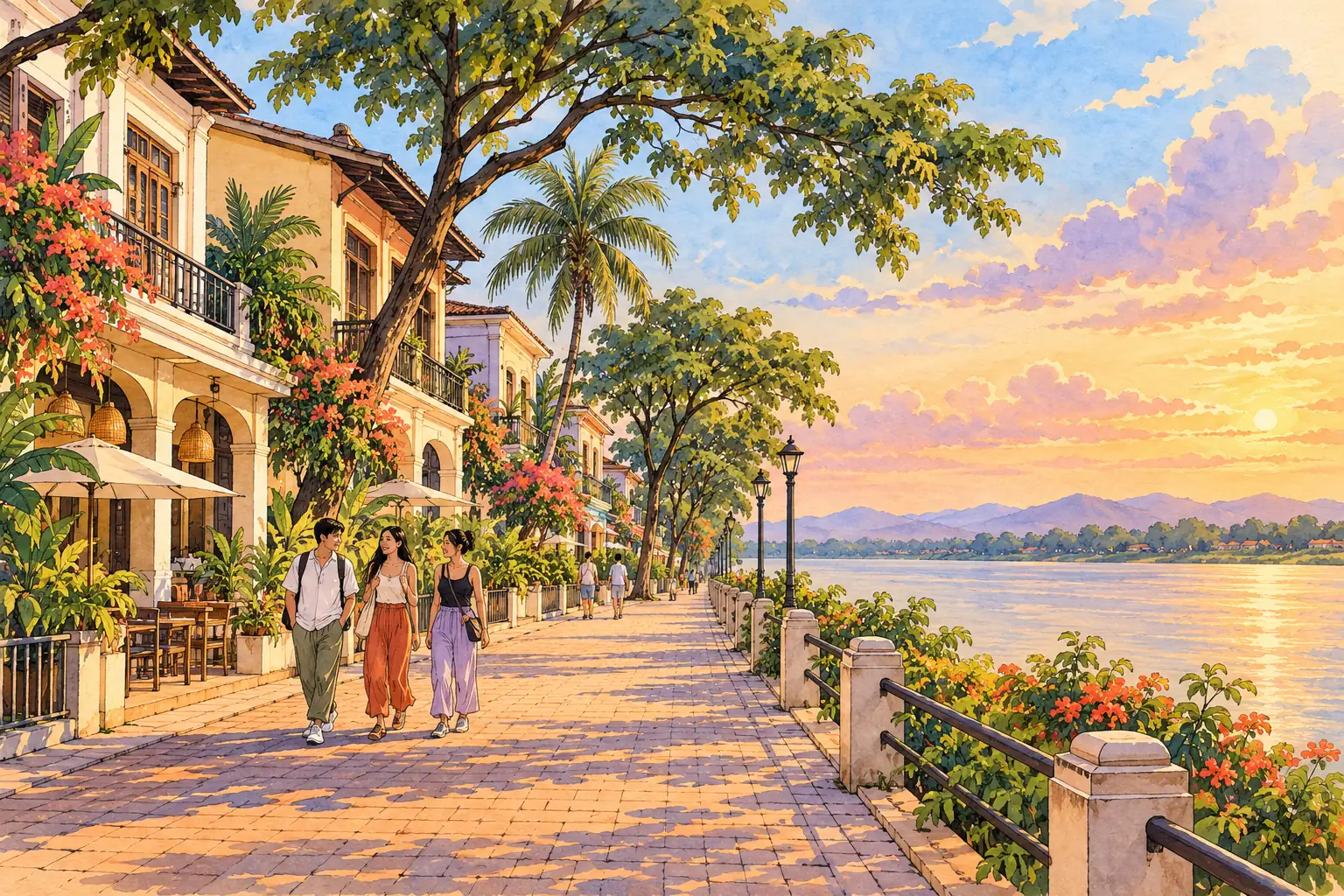 A hand-drawn Vientiane riverside promenade with low-rise tropical buildings and young adults walking beside the Mekong.