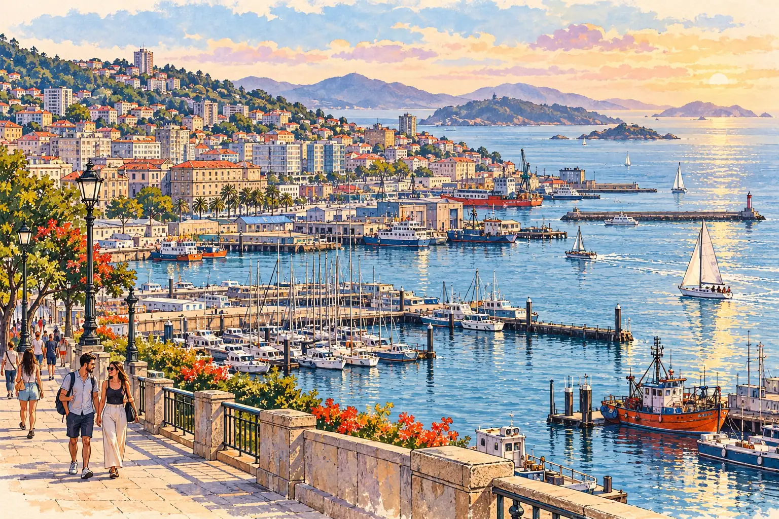 A hand-drawn generic view of Vigo, with young adults walking beside the Ría de Vigo harbor beneath the hillside city.
