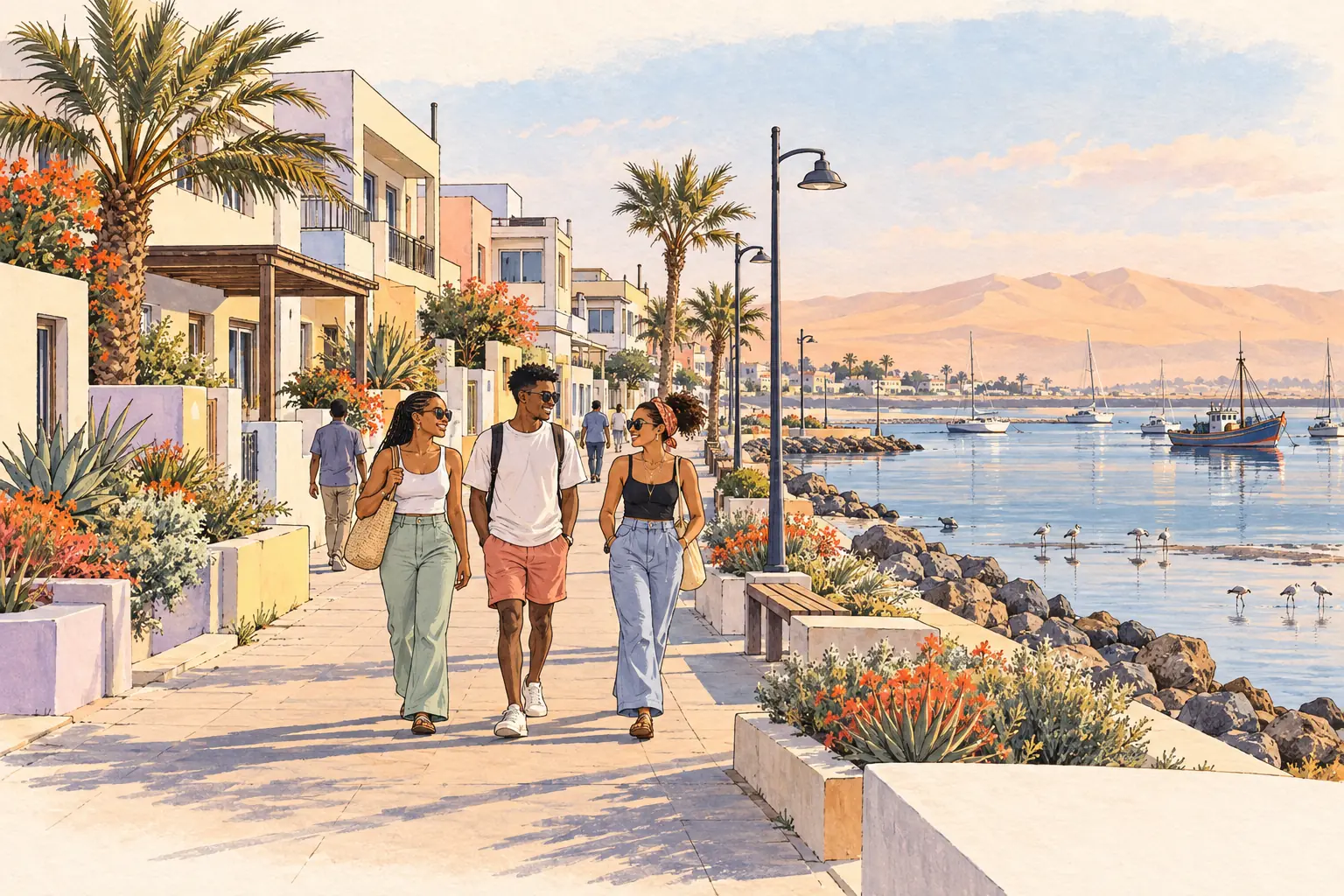 A hand-drawn Walvis Bay waterfront with coastal homes, dune ridges, lagoon birds and young adults walking together.