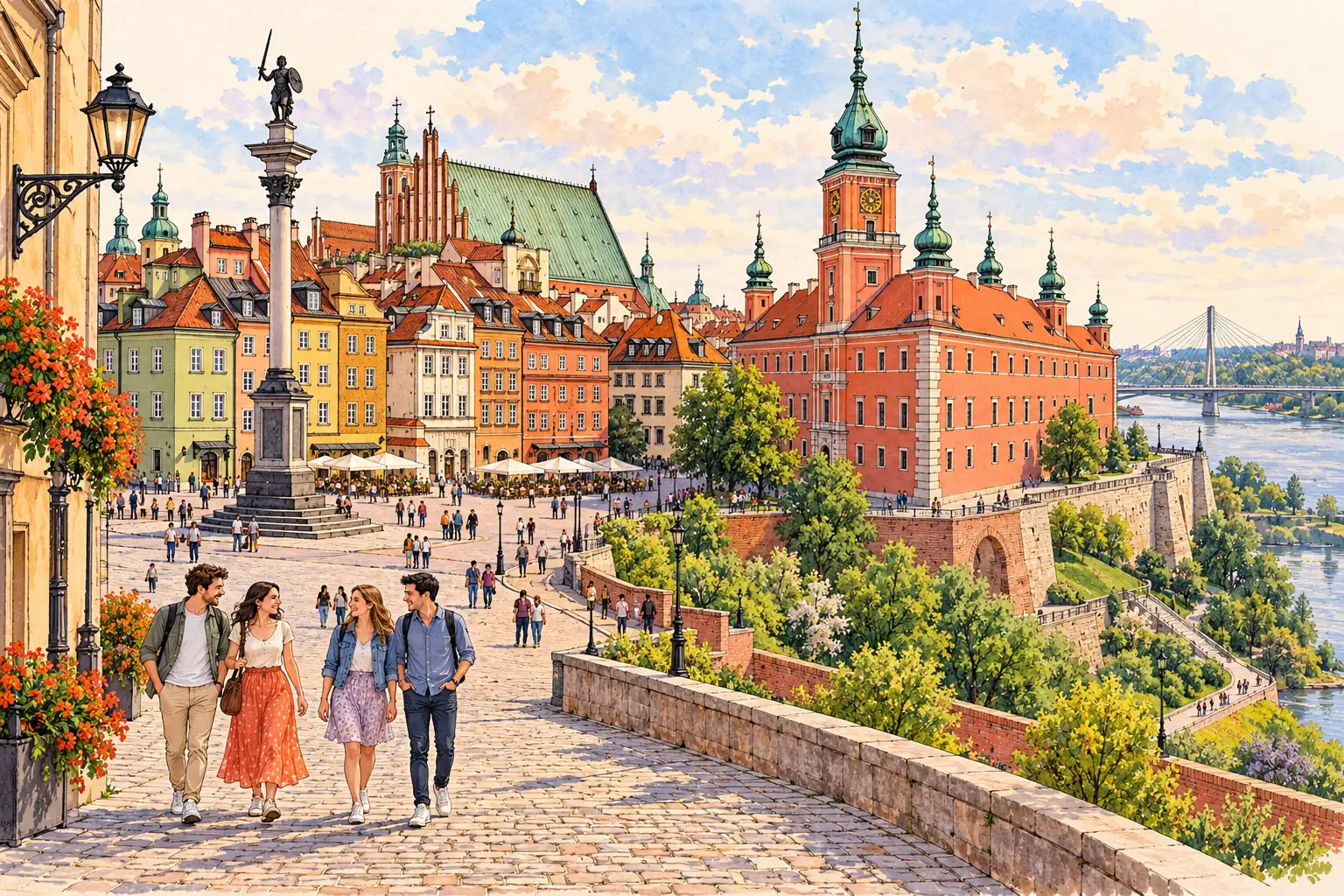 A hand-drawn Warsaw Old Town scene with colorful facades and the Royal Castle.