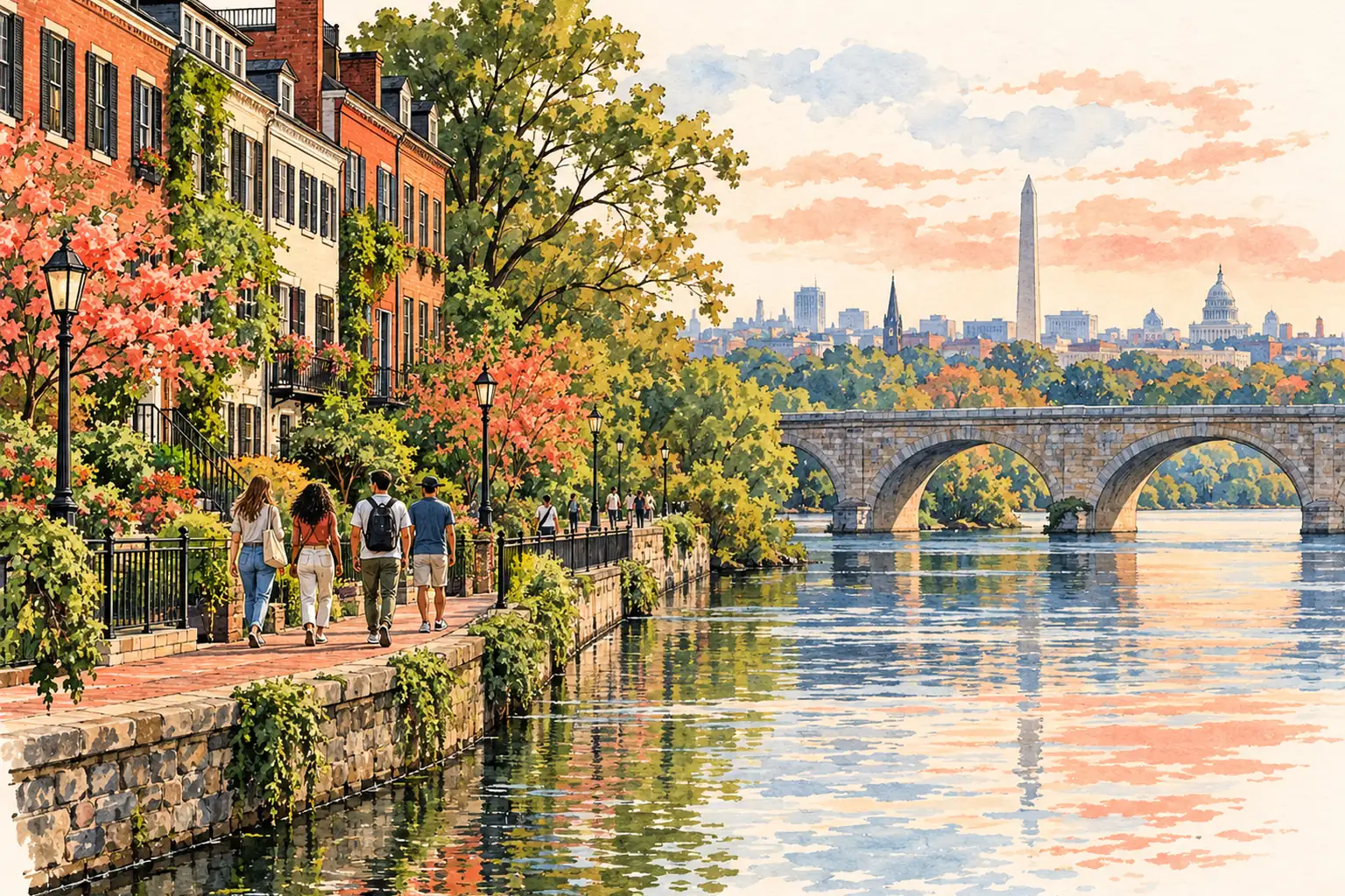 A hand-drawn Georgetown waterfront view in Washington D.C., with brick rowhouses, a stone bridge and young adults.