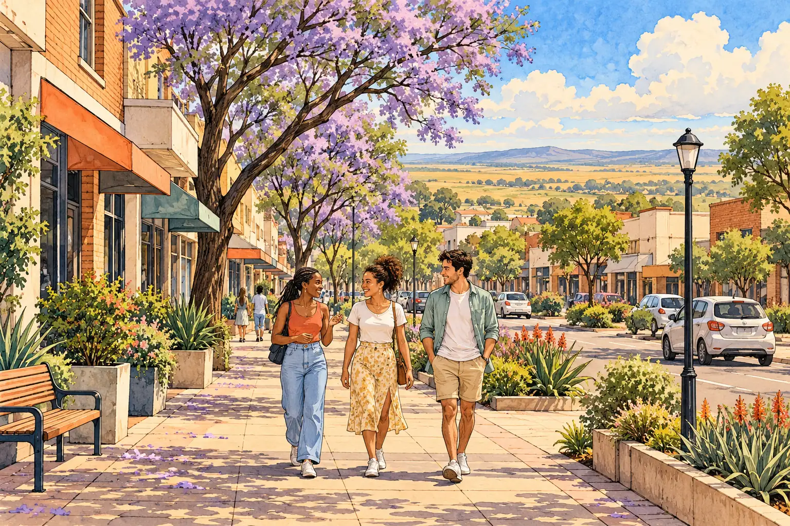 A hand-drawn view of Welkom, with local streets, greenery and young adults together.