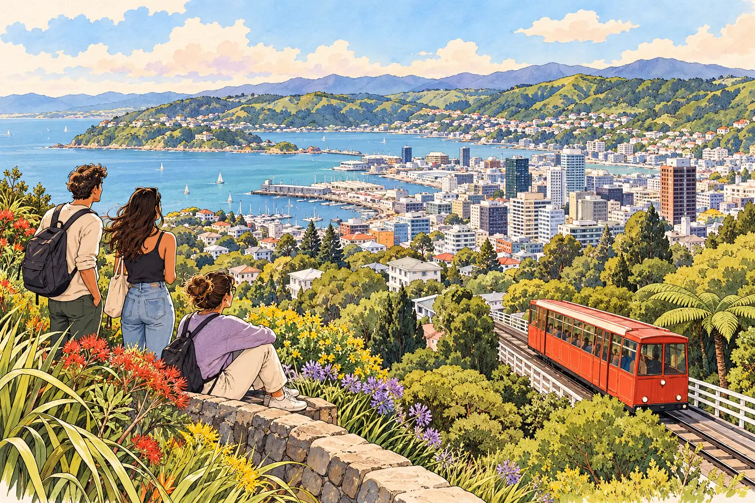 A hand-drawn view of Wellington’s harbor and hills, with the red cable car and young adults enjoying a lookout.