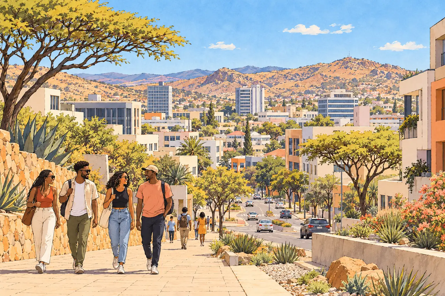 Young adults walk along a sunny Windhoek street with dry highland hills beyond the city.