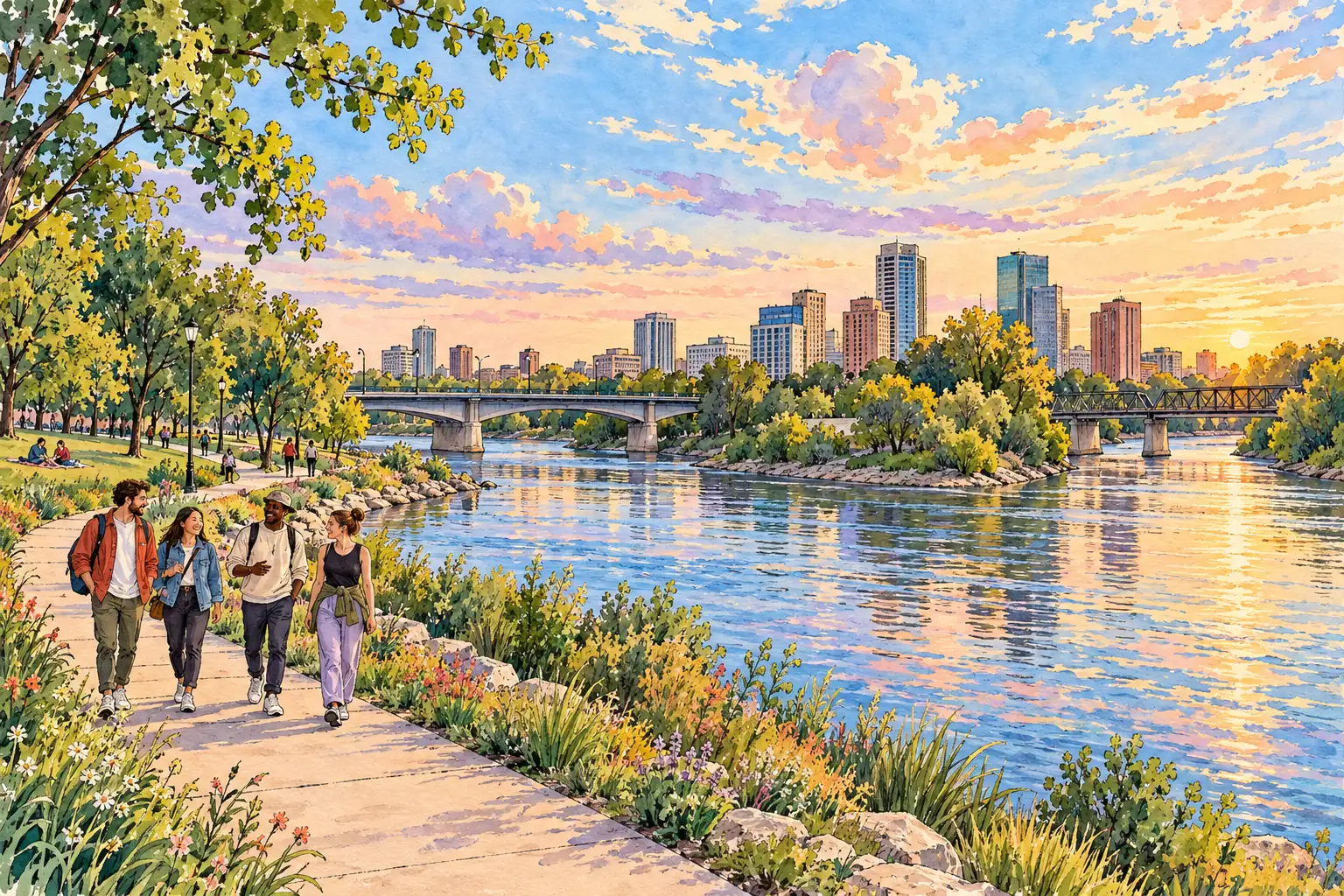 A hand-drawn generic view of Winnipeg, with young adults walking along a leafy riverside path beneath an open prairie sky.