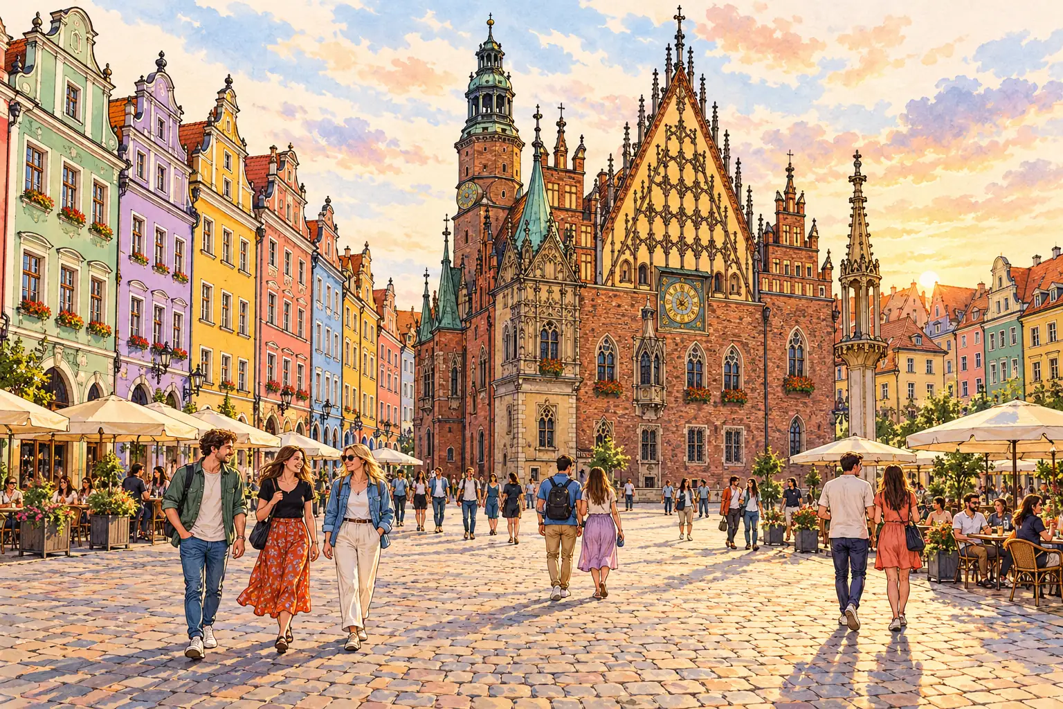 A hand-drawn view of Wrocław Market Square, with colorful townhouses and the Gothic Old Town Hall behind young adults strolling together.
