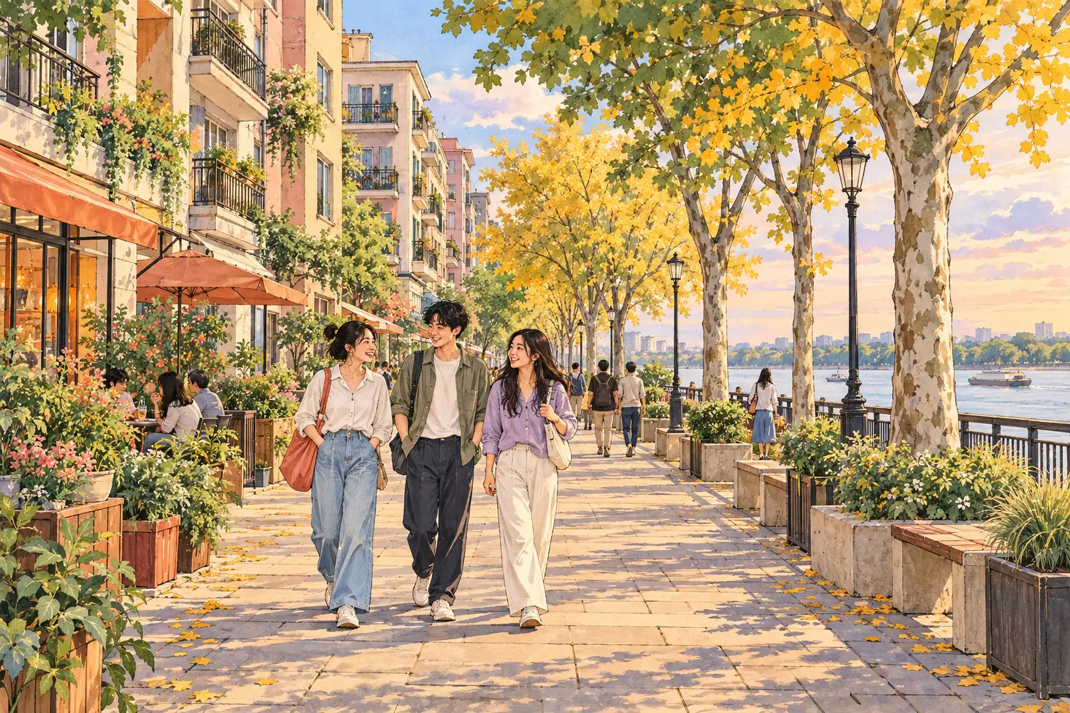 A hand-drawn Wuhan riverside streetscape with plane trees, apartment homes and young adults walking together.