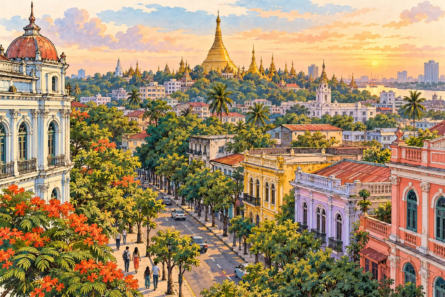 A hand-drawn view of Yangon’s golden Shwedagon Pagoda above the city canopy.