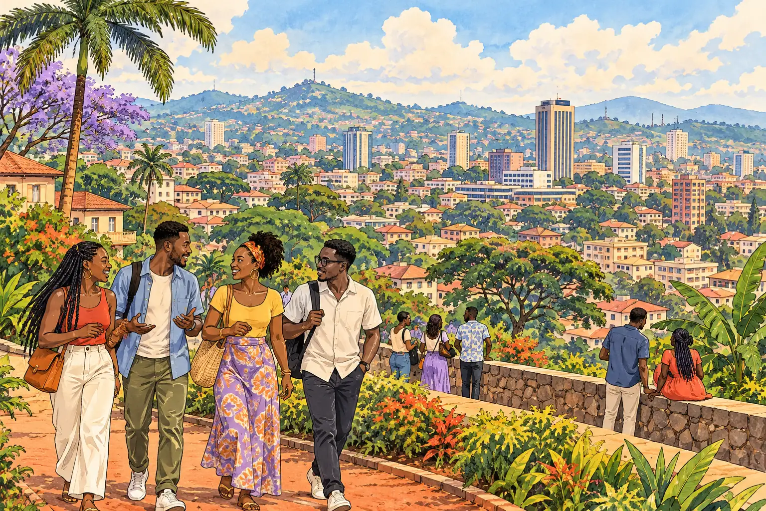 A hand-drawn generic view of Yaoundé, with green hills, low-rise city blocks and young adults walking together.