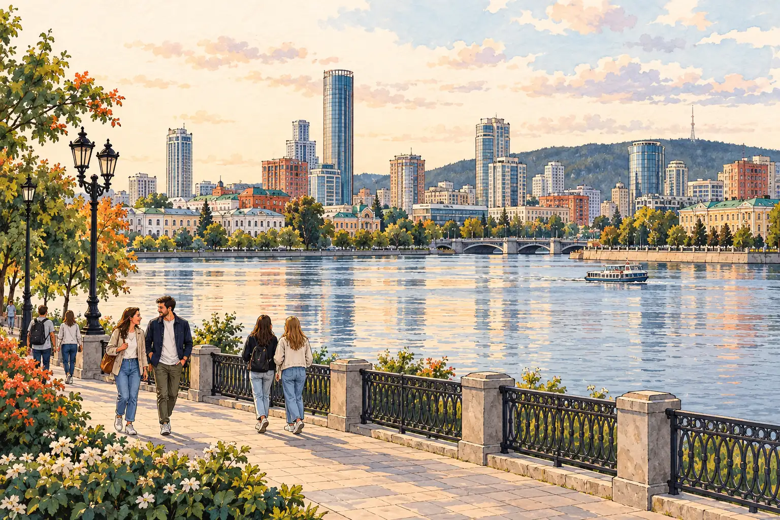 A hand-drawn regional view of Yekaterinburg beside the Iset River and City Pond.