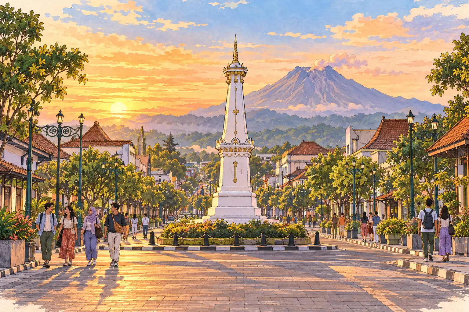 A hand-drawn view of Yogyakarta’s Tugu monument, boulevard and Mount Merapi.