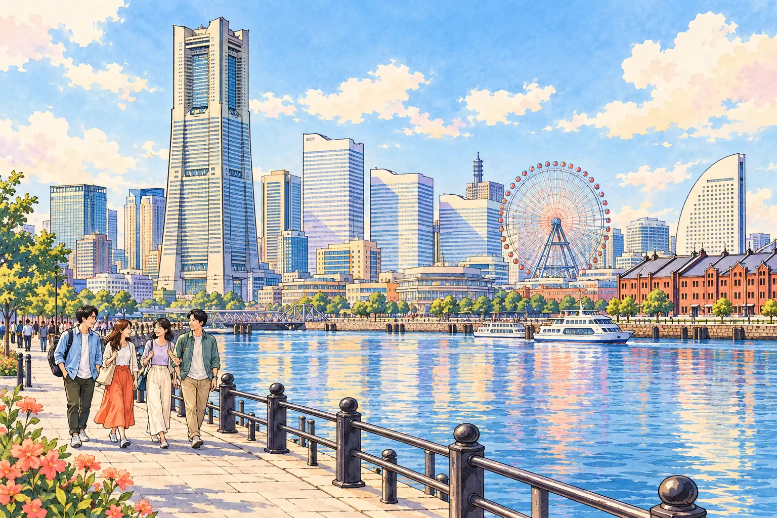 A hand-drawn view of Yokohama’s Minato Mirai harbor with Landmark Tower and Cosmo Clock 21, with young adults strolling nearby.