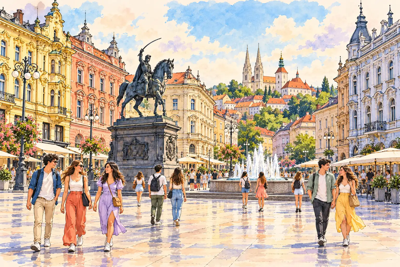 A hand-drawn view of Zagreb’s Ban Jelačić Square, historic facades and fountain, with young adults walking together.