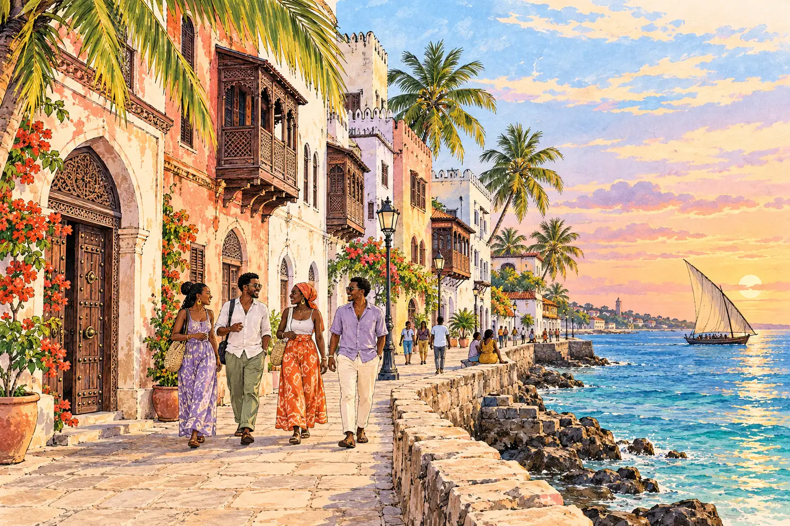 A hand-drawn view of Zanzibar City’s Stone Town waterfront, with carved balconies, palm trees and young adults walking beside the sea.