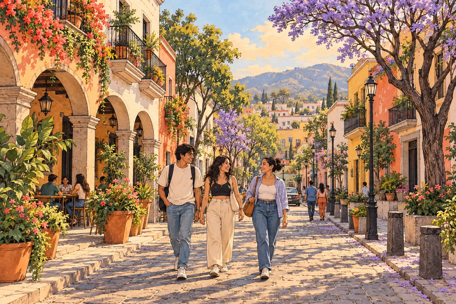 A hand-drawn Zapopan streetscape with arcaded stucco homes, blooming jacarandas and young adults walking together.