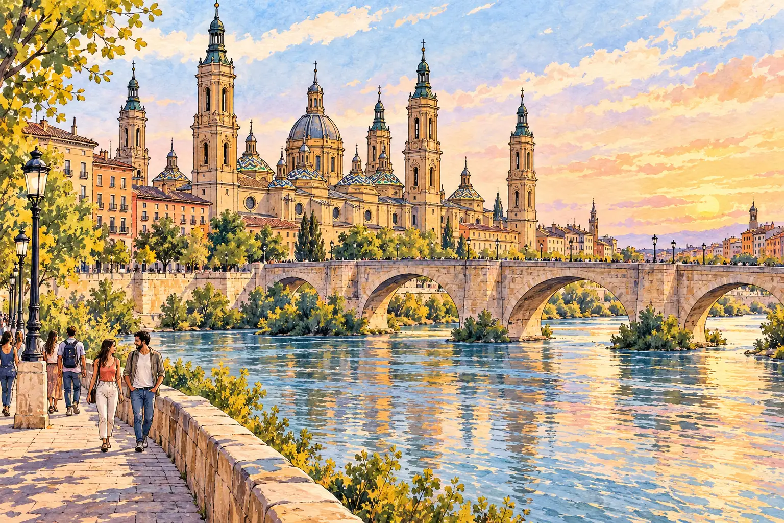 A hand-drawn view of Zaragoza’s Basilica of Our Lady of the Pillar beside the Ebro River and Puente de Piedra, with young adults walking along the bank.