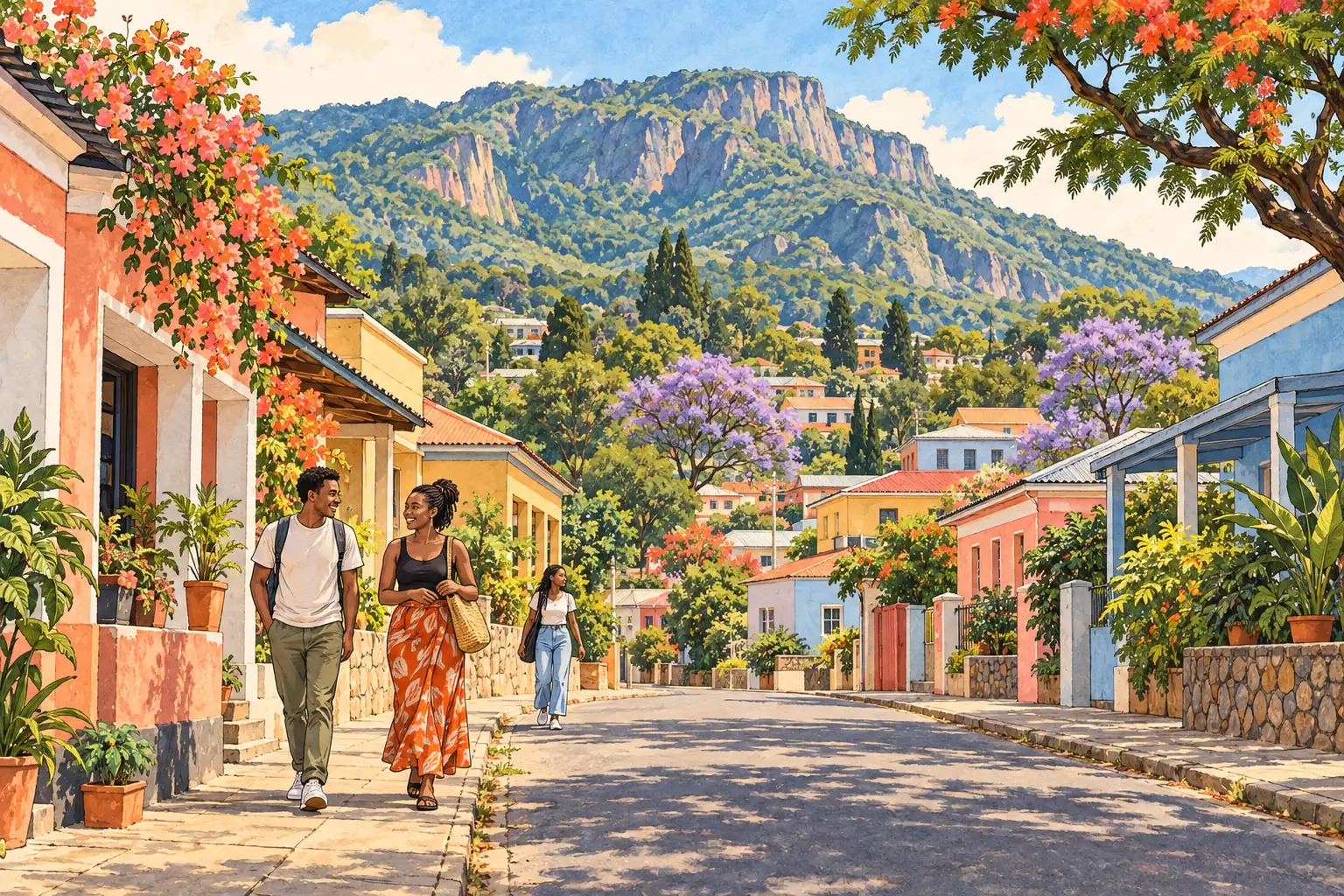 A hand-drawn view of Zomba, with local streets, greenery and young adults together.