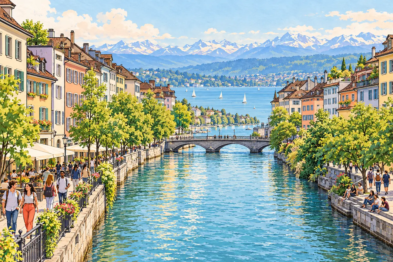Young adults stroll along the Limmat River between Zurich’s old town and leafy quays.
