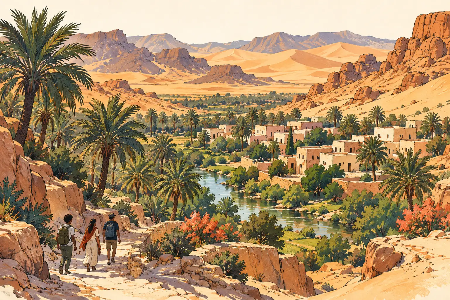 A hand-drawn characteristic landscape of Algeria, with a few young adults for scale.