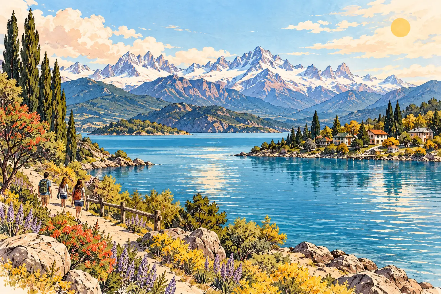 A hand-drawn characteristic landscape of Argentina, with a few young adults for scale.