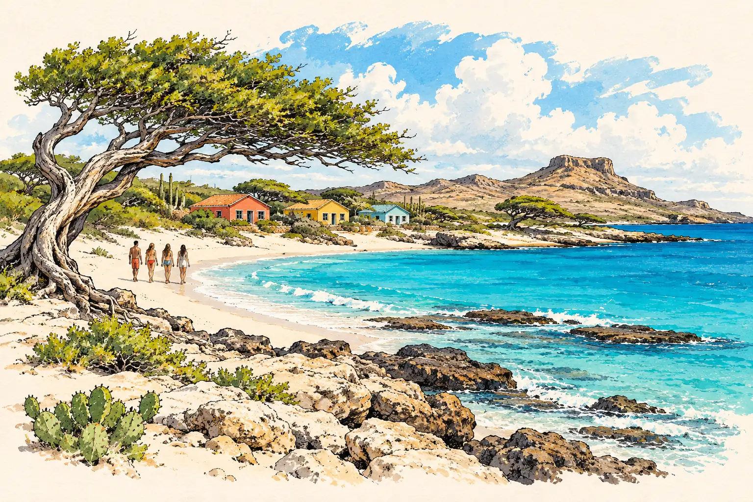 A hand-drawn characteristic landscape of Aruba, with a few young adults for scale.