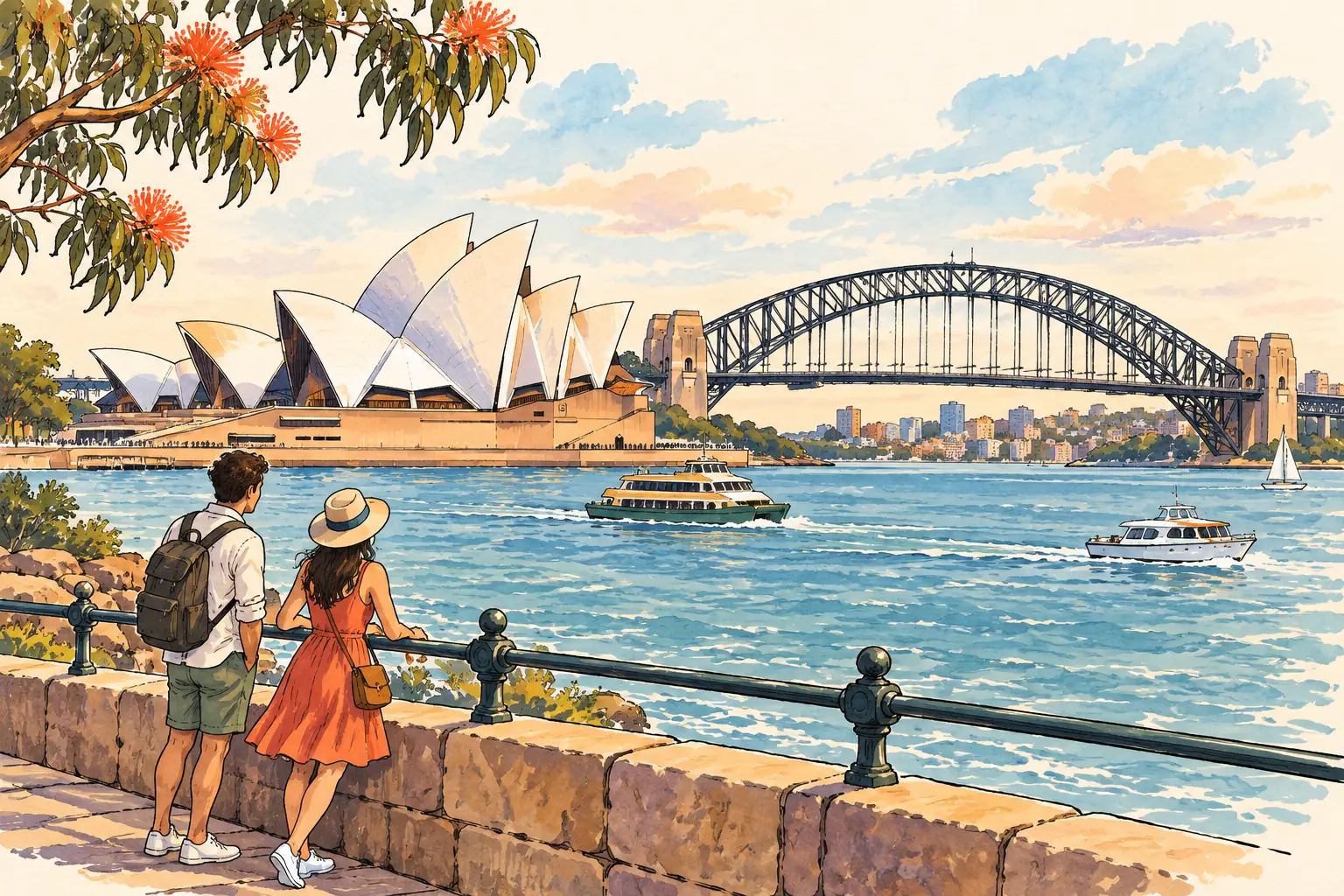 A hand-drawn characteristic landscape of Australia, with a few young adults for scale.